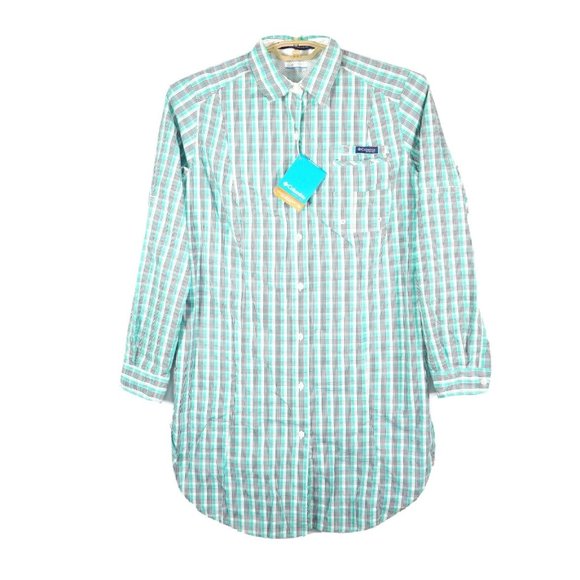 Columbia Tops - Columbia PFG Womens Tunic Button Up Shirt Dress Teal Plaid Large Super Bonehead